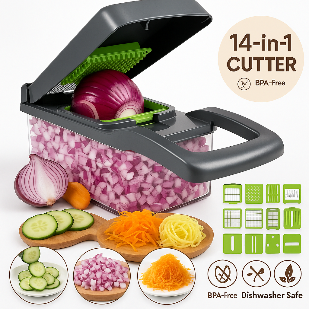 Vegetable Chopper – 14-in-1 Multifunctional Slicer, ABS and Stainless Steel, Grey