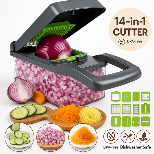 Vegetable Chopper – 14-in-1 Multifunctional Slicer, ABS and Stainless Steel, Grey